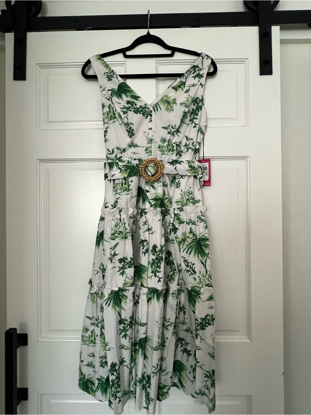 Vince Camuto White Midi Dress with Green Tropical Print and Belt